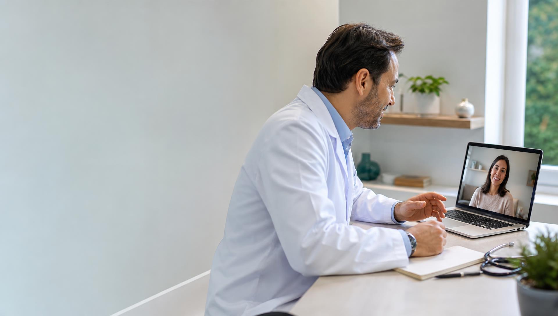 Médico conversando com uma paciente durante uma consulta por vídeo